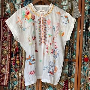 Johnny Was White Short Sleeve Embroidered Blouse - NEW w/o TAGS! Such a fun top!